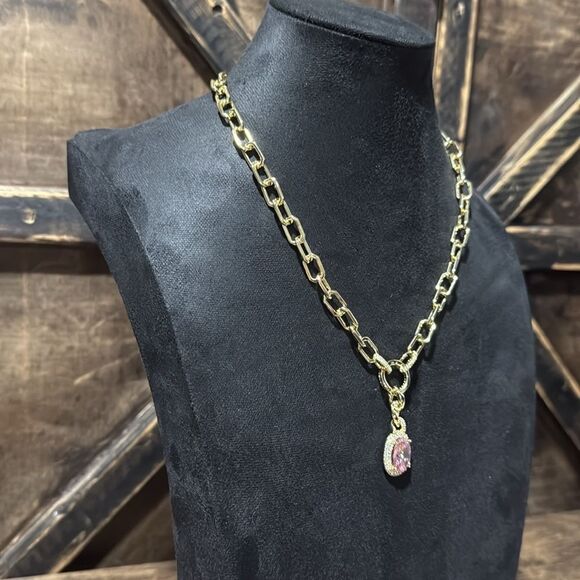 Elegant 14K Gold Plated Chain Necklace with Pink Pendant  And Zirconia - Picture 3 of 7